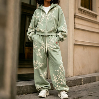 Cardydony Women's Vintage Floral Art Print Zip Up Hoodie Two Piece Set