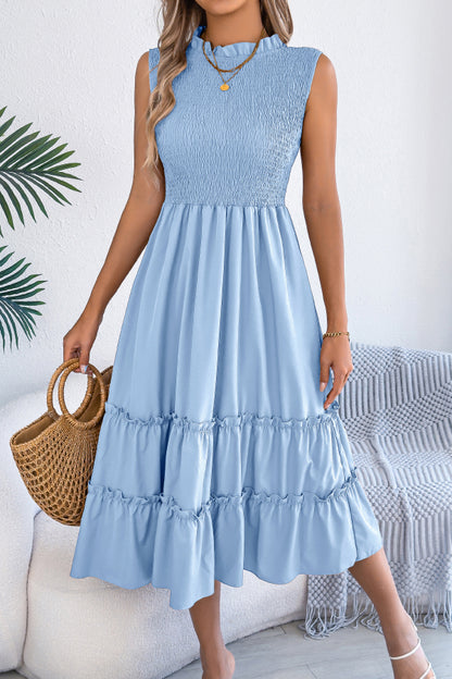 Cardydony Women's Solid Color Sleeveless Tucked Patchwork Casual Midi Dress