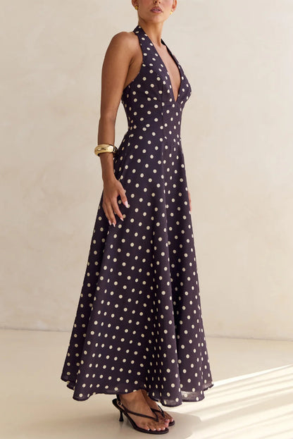Cardydony Women's Floral Print V-neck Backless Tie-up Fitted Waist Elegant Maxi Dress