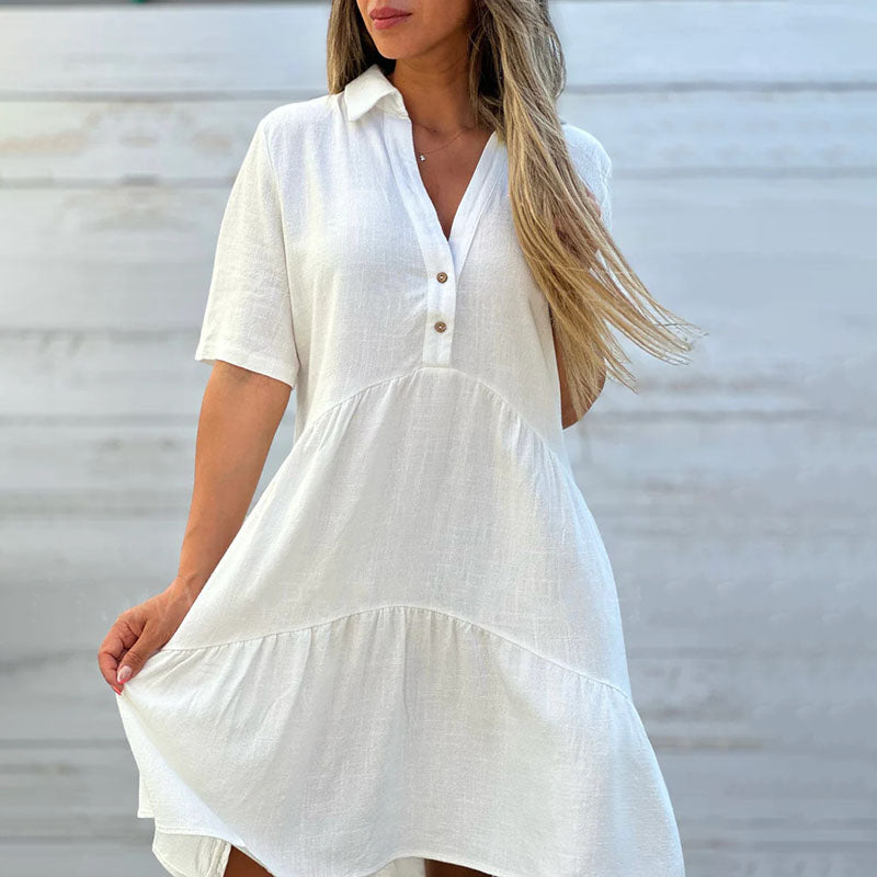 Cardydony Loose Solid Color Lapel Casual Short-sleeved Cotton Linen Dress