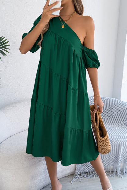 Cardydony Women's Solid Color Loose Slash Neck Short-sleeved Casual Midi Dress