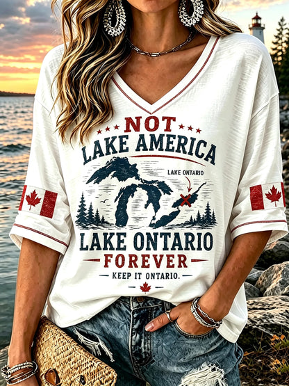 Cardydony "lake Ontario Forever" Retro Print V-neck Short Sleeve T-shirt