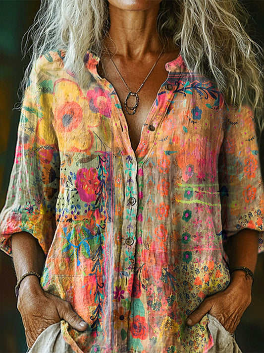 Cardydony Women's Vintage Watercolor Flower Collage Art Print Casual Cotton And Linen Shirt