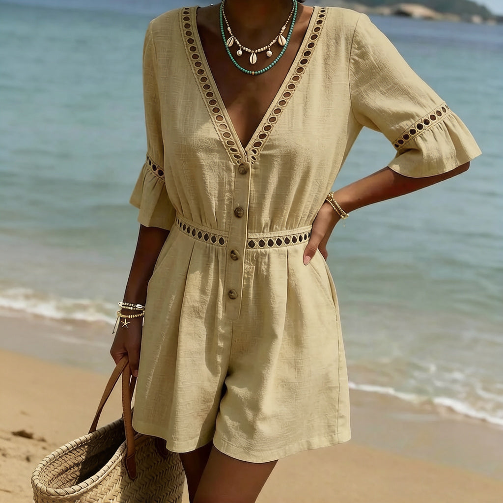 Cardydony Women's Vintage Hollow-out Design Cotton Linen Mini Jumpsuit