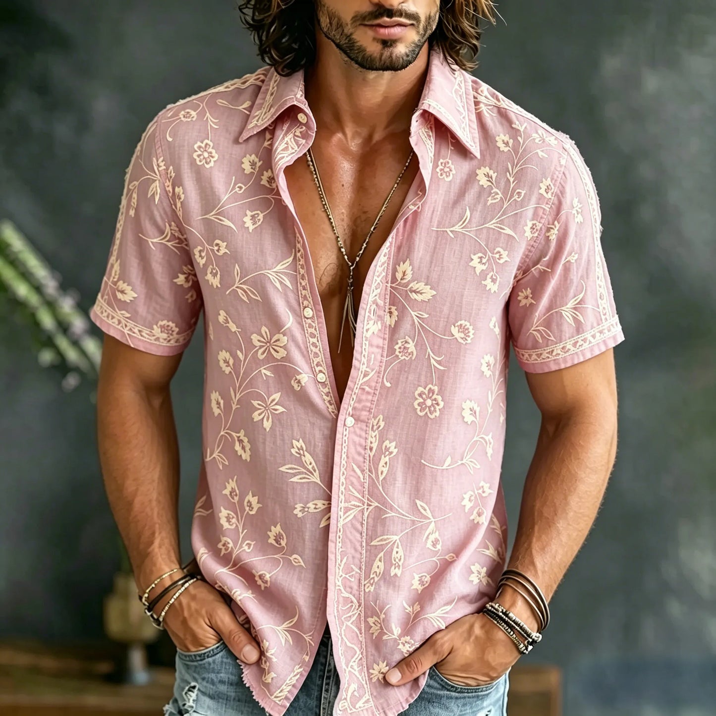 Cardydony Men's Spring Summer Floral Embroidered Art Print Flowy Linen Blend Short Sleeve Shirt