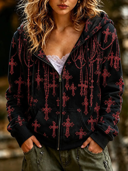 Cardydony Women's Retro Halloween Style Cross Print Sweatshirt Jacket
