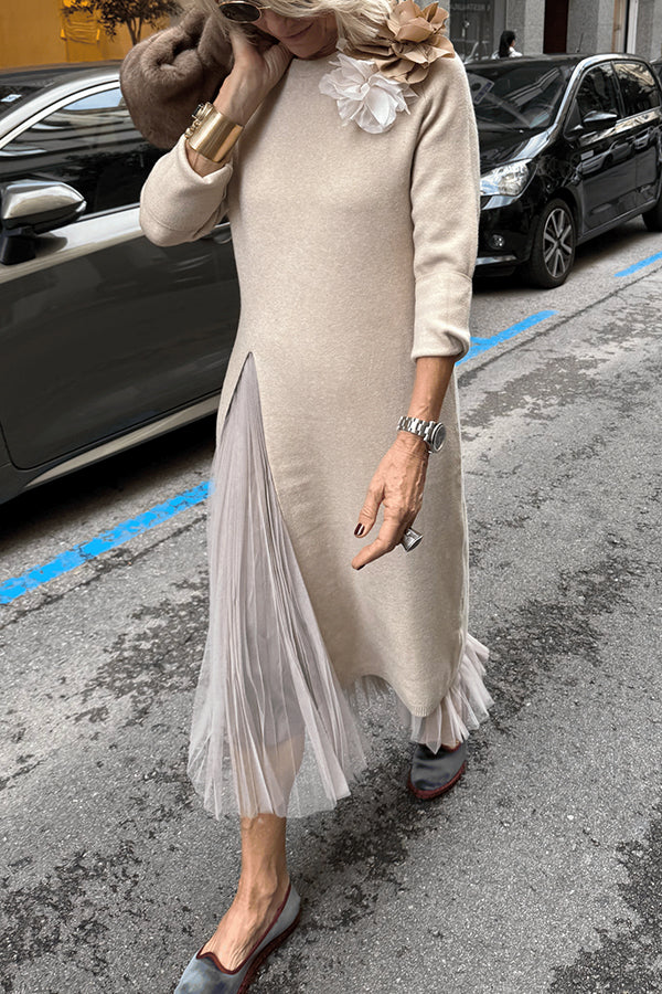 Cardydony Women's Jollie Knit Long Sleeve Front Slit Midi Sweater and Pleated Tulle Stretch Tank Midi Dress Two-piece Set
