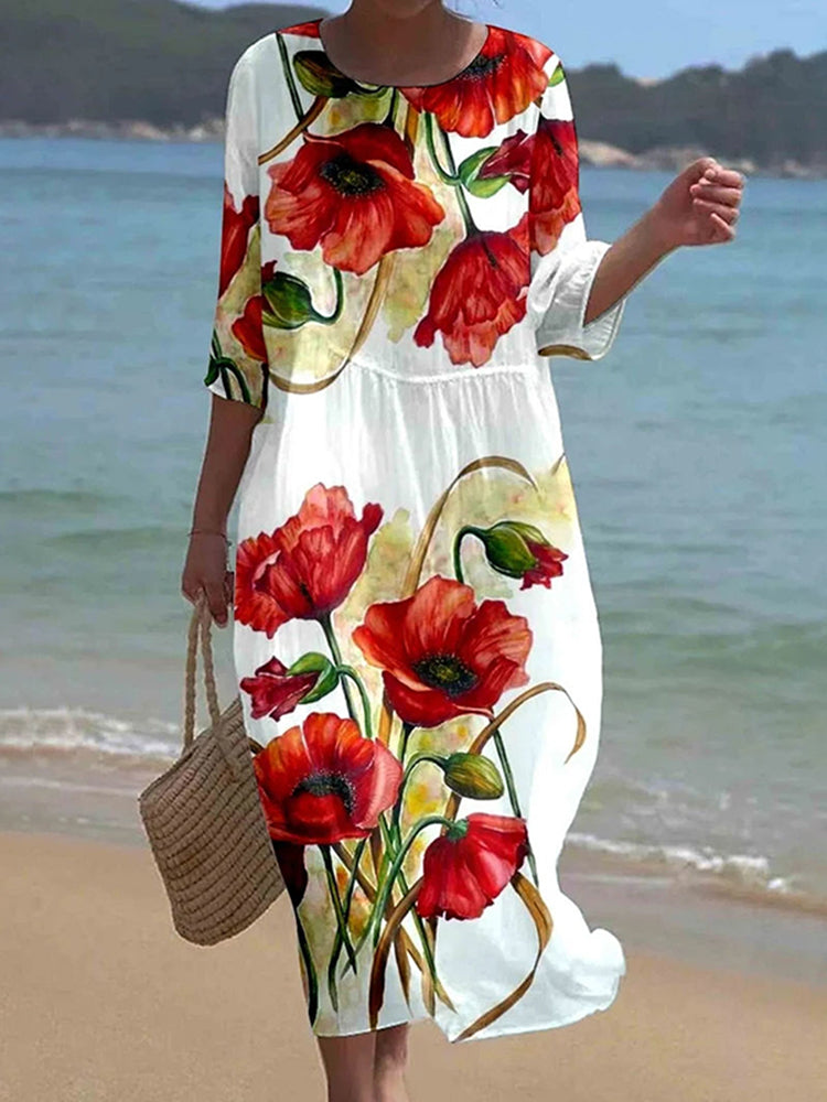 Cardydony Vintage Floral Art Pattern Linen Blend Loose Three-quarter Sleeve Dress