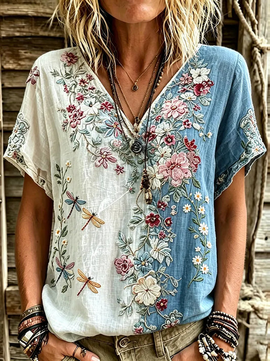 Cardydony Women's Retro Floral Dragonfly Color Block Cotton Linen T-shirt