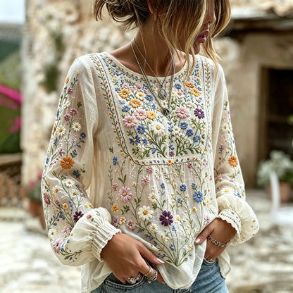 Cardydony Women's Floral Art Print Flowy Linen Blend Linen Blend Long Sleeve Casual Tops