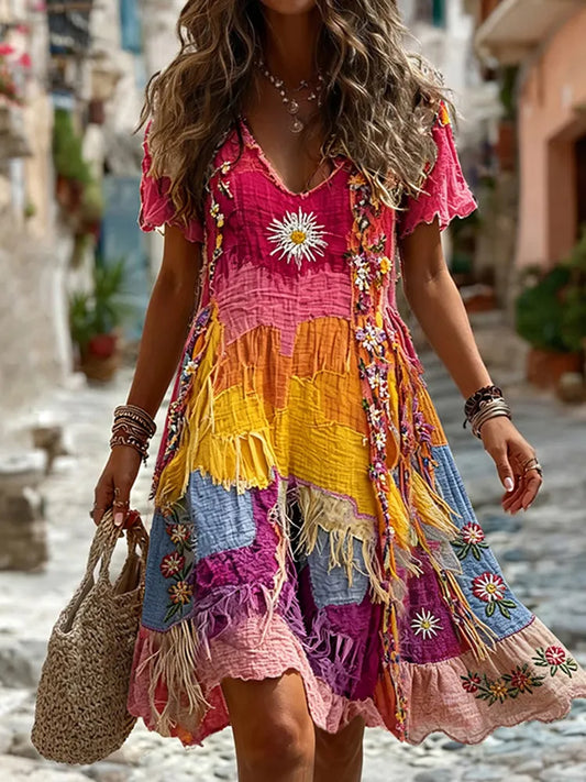 Cardydony Women's Vintage Bohemian Floral Hippie Tie-dye Casual Dress