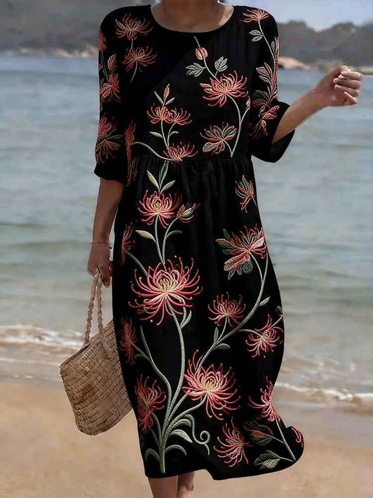 Cardydony Vintage Floral Art Pattern Linen Blend Loose Three-quarter Sleeve Dress