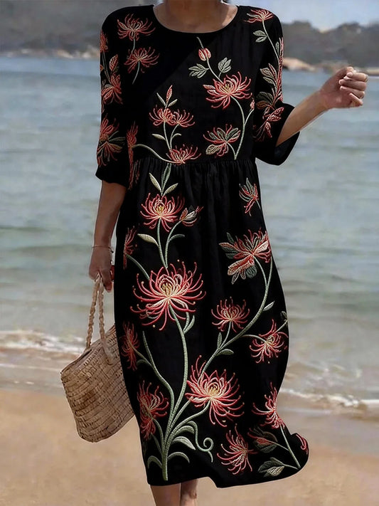 Cardydony Vintage Floral Art Pattern Linen Blend Loose Three-quarter Sleeve Dress