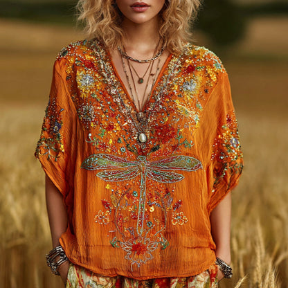 Cardydony Women's Bohemian-style Floral And Dragonfly Print V-neck Short-sleeved Top