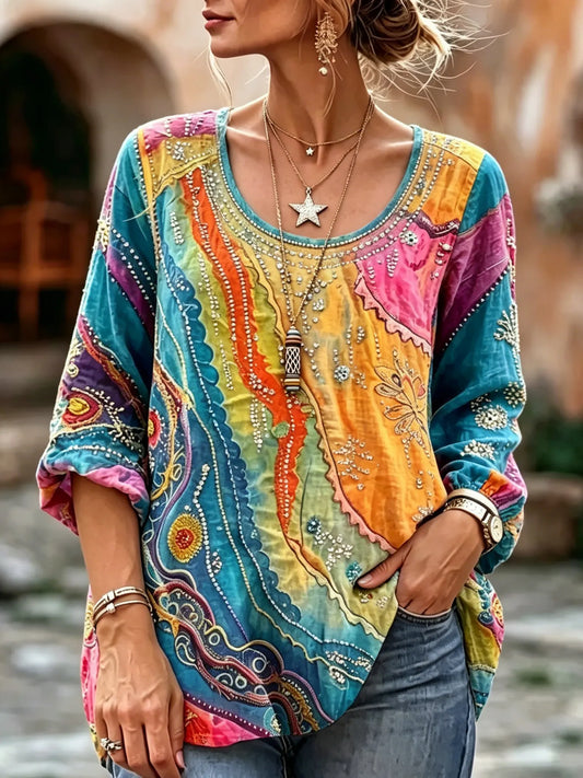 Cardydony Women's Hippie Art Diamond Print Casual T-shirt