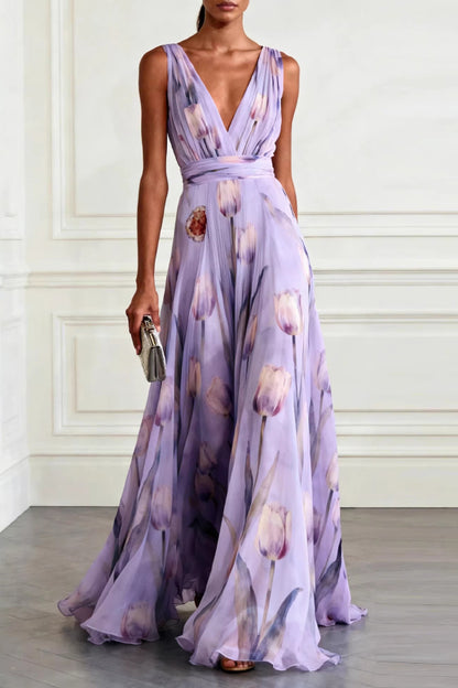Cardydony Women's  Tulip Print V-Neck Sleeveless Elegant Waist-Defining Maxi Dress