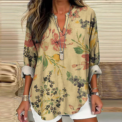 Cardydony Elegant Floral Art Linen Blend Tunic