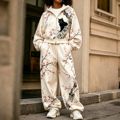 Cardydony Women's Japanese Cherry Blossom And Cat Art Print Casual Zip Up Hoodie Two Piece Set