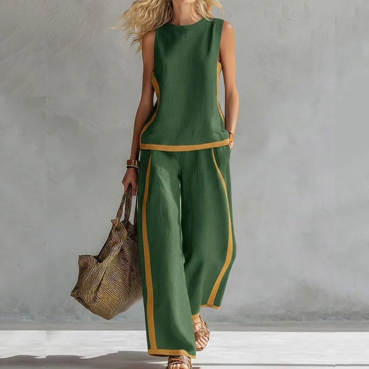 Cardydony Women's Solid Color Color Blocked Vest Long Pants Two Piece Set