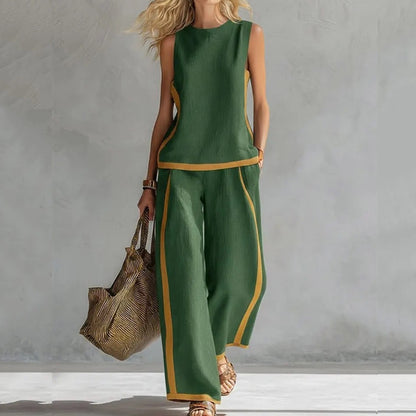Cardydony Women's Solid Color Color Blocked Vest Long Pants Two Piece Set