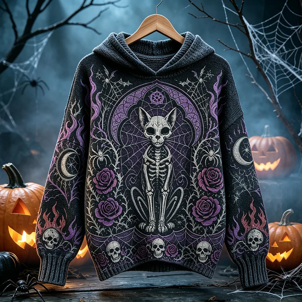Cardydony Women's Halloween Gothic Skull Cat Pattern Hooded Sweater - Purple Moon Rose Skull Pattern