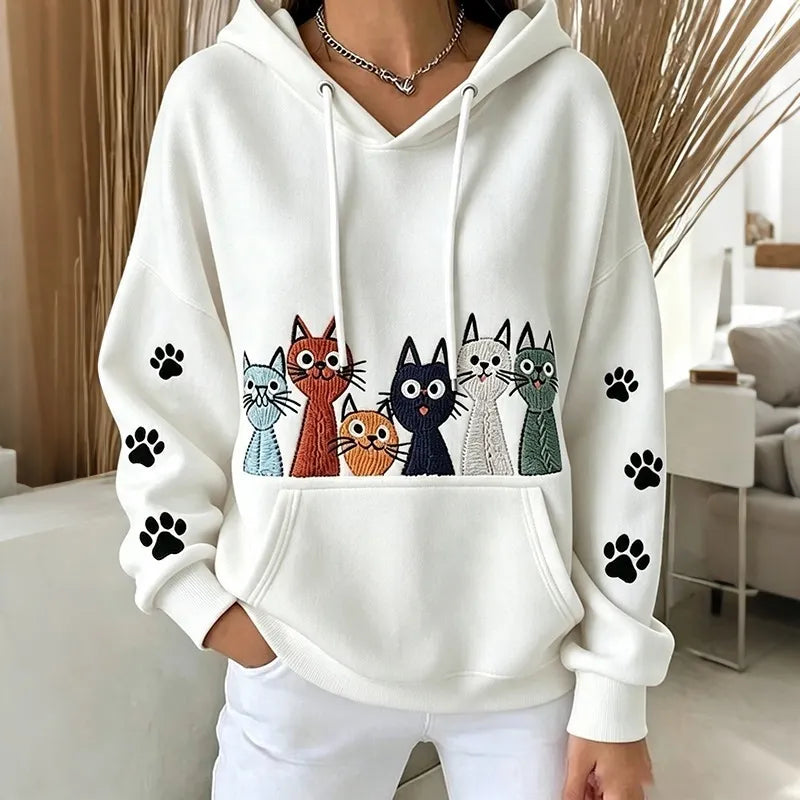 Cardydony Women's Retro Cute Cat Print Casual Hoodie