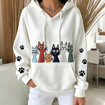 Cardydony Women's Retro Cute Cat Print Casual Hoodie