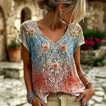 Cardydony Women's Vintage Rose Embroidery V-neck Gradient Short Sleeve T-shirt