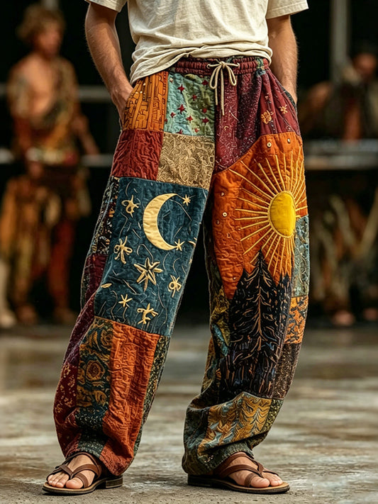 Cardydony Men's Boho Sun And Moon Hippie Patchwork Art Print Loose Drawstring Waist Pants