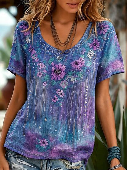Cardydony Women's Retro Bohemian Floral Print Cotton Linen T-shirt