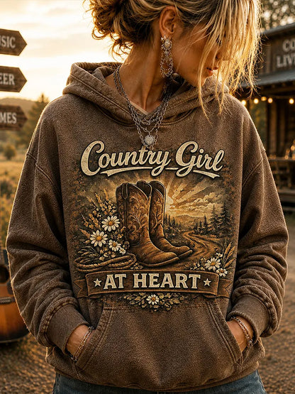 Cardydony Vintage Country Western Style Cowboy Boots Daisy Print Casual Hooded Sweatshirt