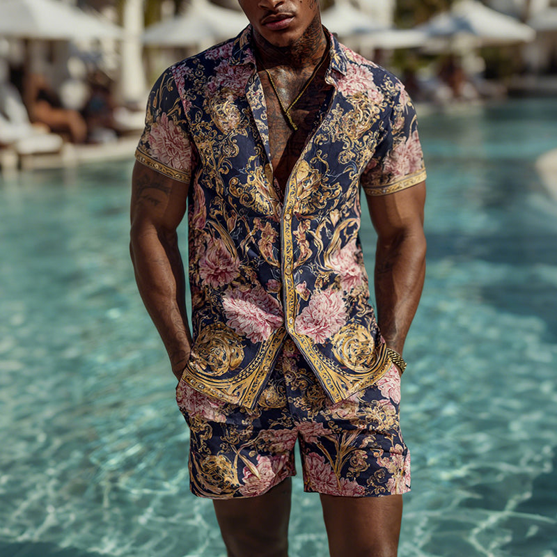 Cardydony Men's Fashion Baroque Floral Pattern Cuban Shirt And Shorts Two-piece Set