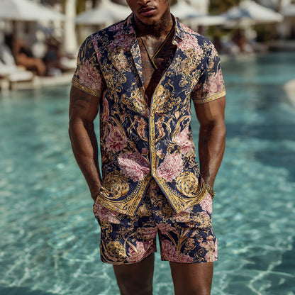 Cardydony Men's Fashion Baroque Floral Pattern Cuban Shirt And Shorts Two-piece Set
