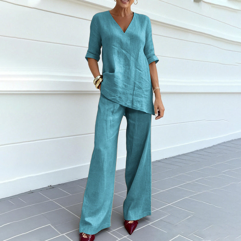 Cardydony Women's Solid Color V-neck Linen Blend Two Piece Set
