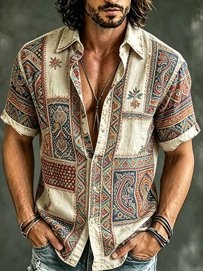 Cardydony Vintage Ethnic Pattern Patchwork Design Casual Linen Shirt