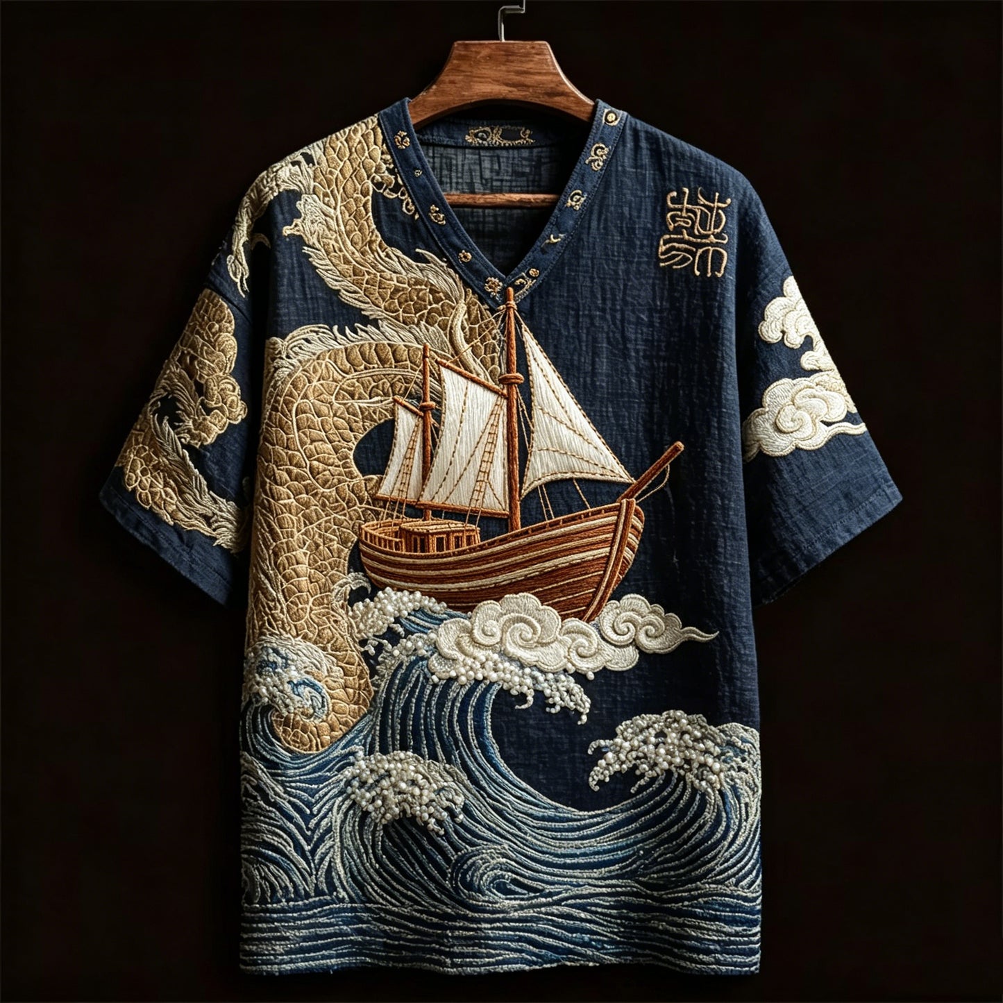 Cardydony Men's Japanese Artistic Cloud And Fish Print Cotton Linen Top