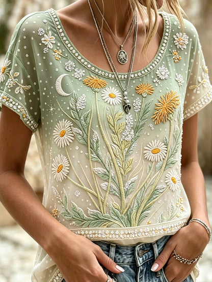 Cardydony Bohemian Daisy Moon Embroidered Ombre Sage Green Short Sleeve Top