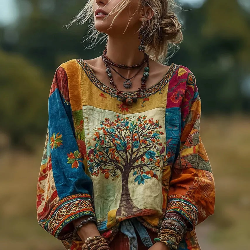 Cardydony Women's Vintage Tree Of Life Patchwork Print Linen Blend Top