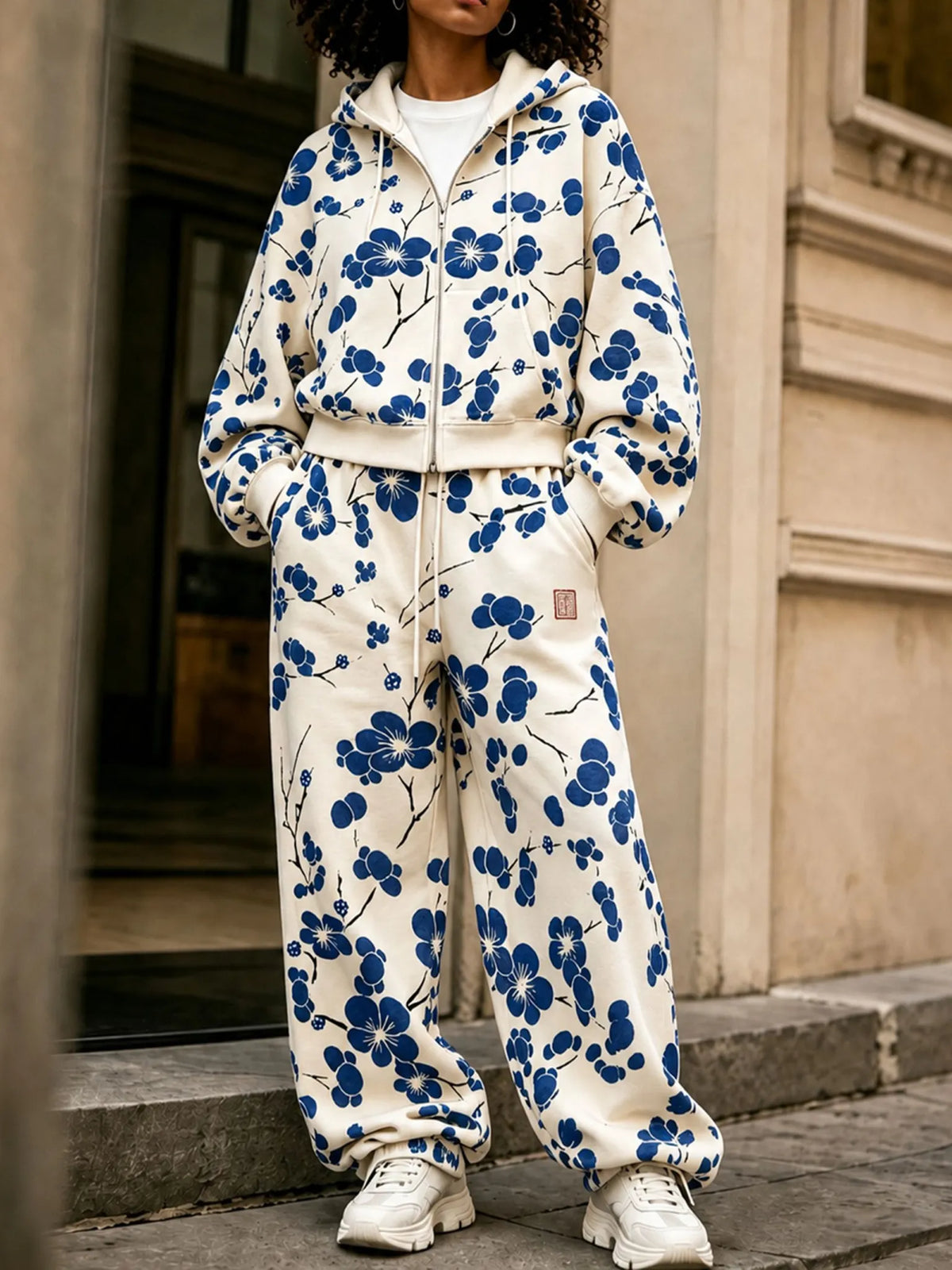 Cardydony Women's Japanese Floral Art Print Zip Up Hoodie Two Piece Set