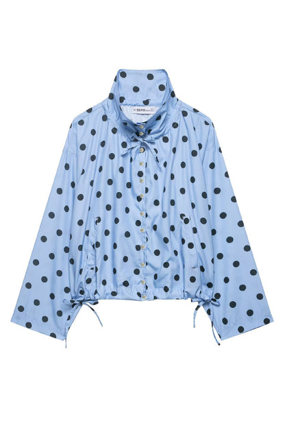 Cardydony Women's  Polka Dot Print Loose Stand Collar Button Bow Tie Casual Long-sleeved Jacket