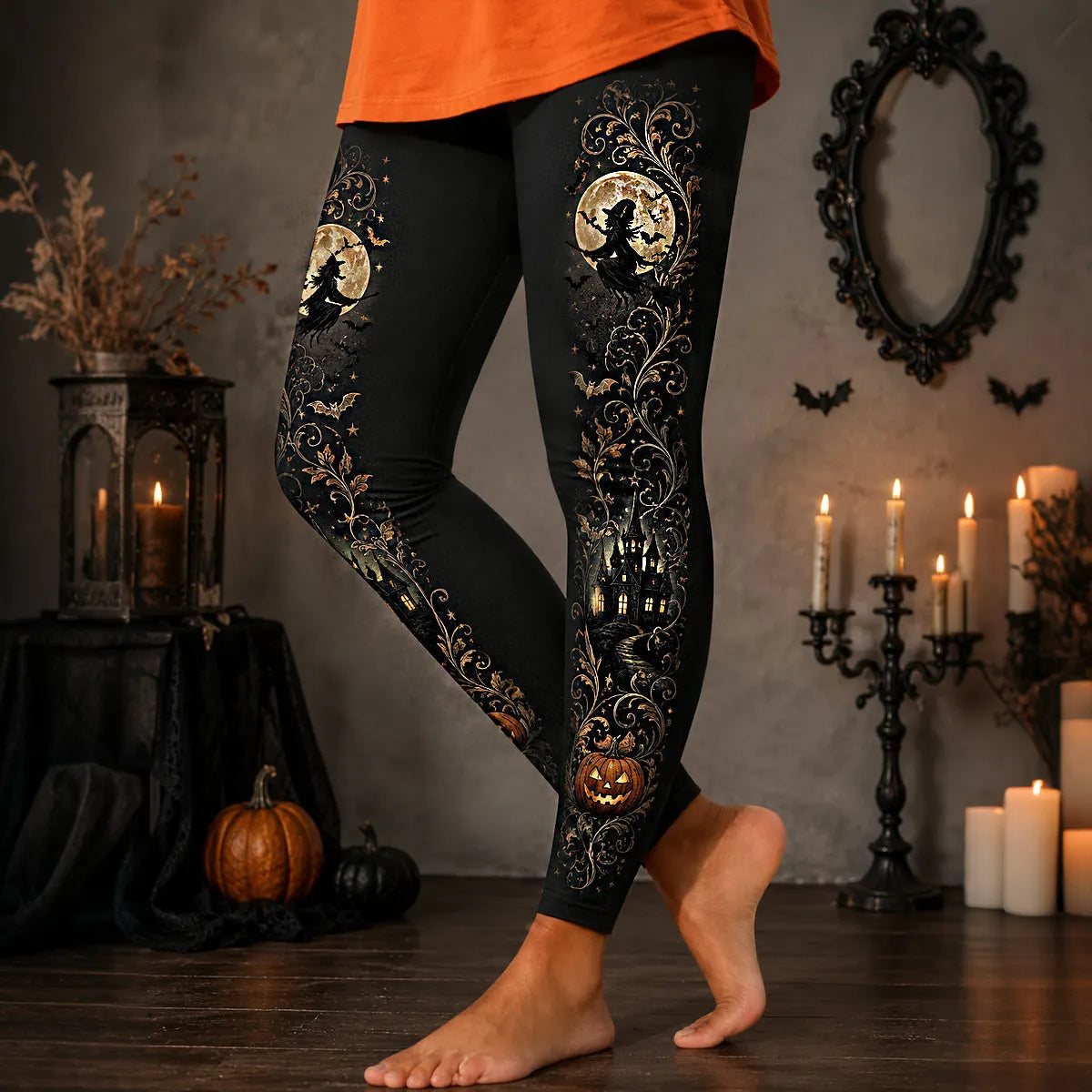 Cardydony Comstylish Women's Halloween Retro Casual Witch Pumpkin Castle Print Pants