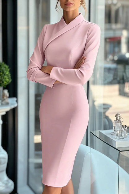 Cardydony Women's Solid Color High-neck Long-sleeved Slim-fit Midi Dress