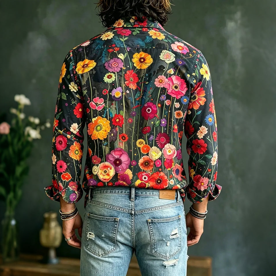 Cardydony Men's Vintage Hippie Floral Art Print Long Sleeves Linen Shirt