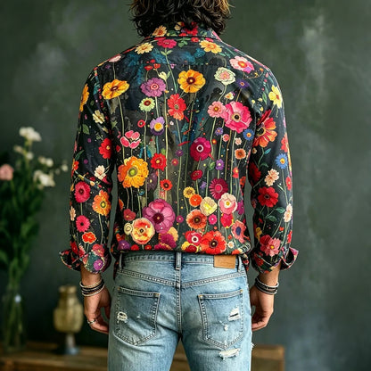 Cardydony Men's Vintage Hippie Floral Art Print Long Sleeves Linen Shirt