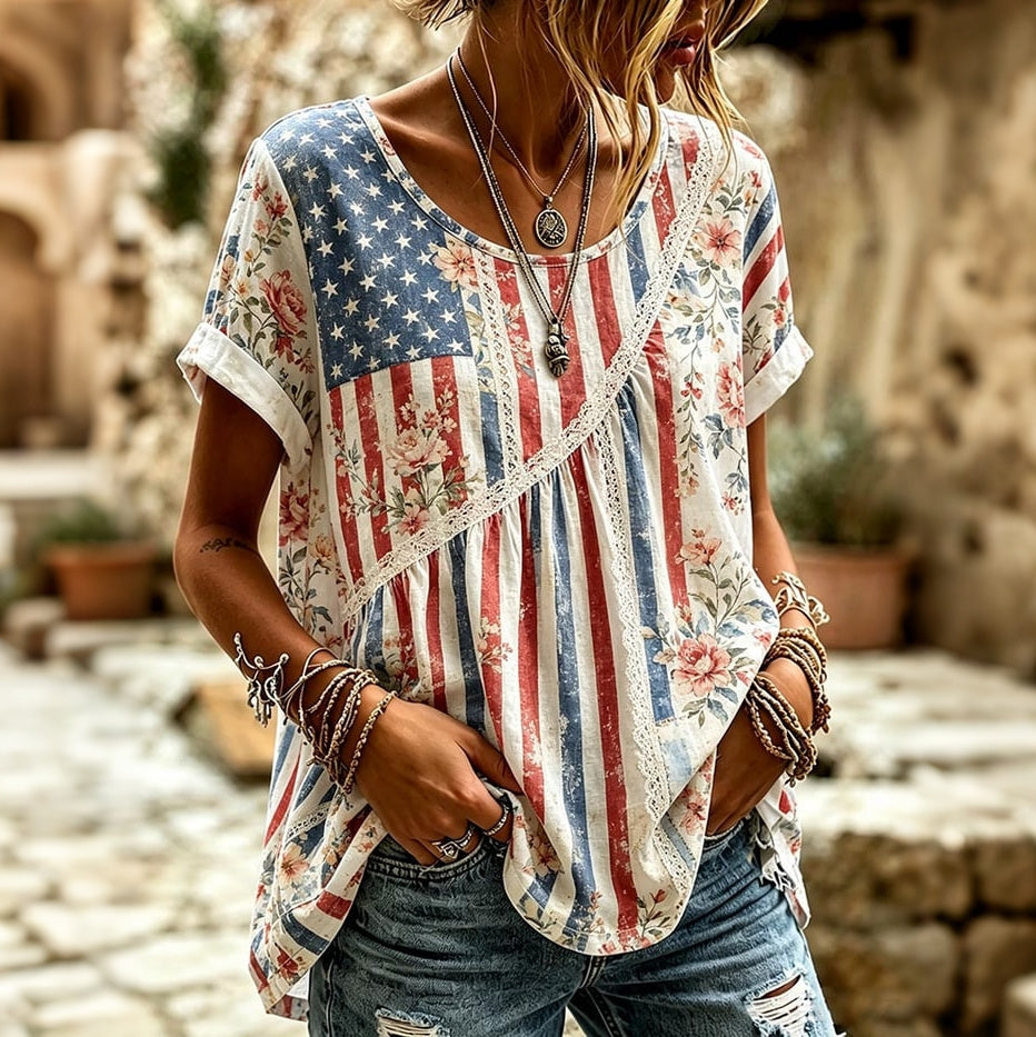 Cardydony Women's Independence Day Flag And Floral Art Cotton Linen Short Sleeve Top