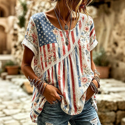 Cardydony Women's Independence Day Flag And Floral Art Cotton Linen Short Sleeve Top