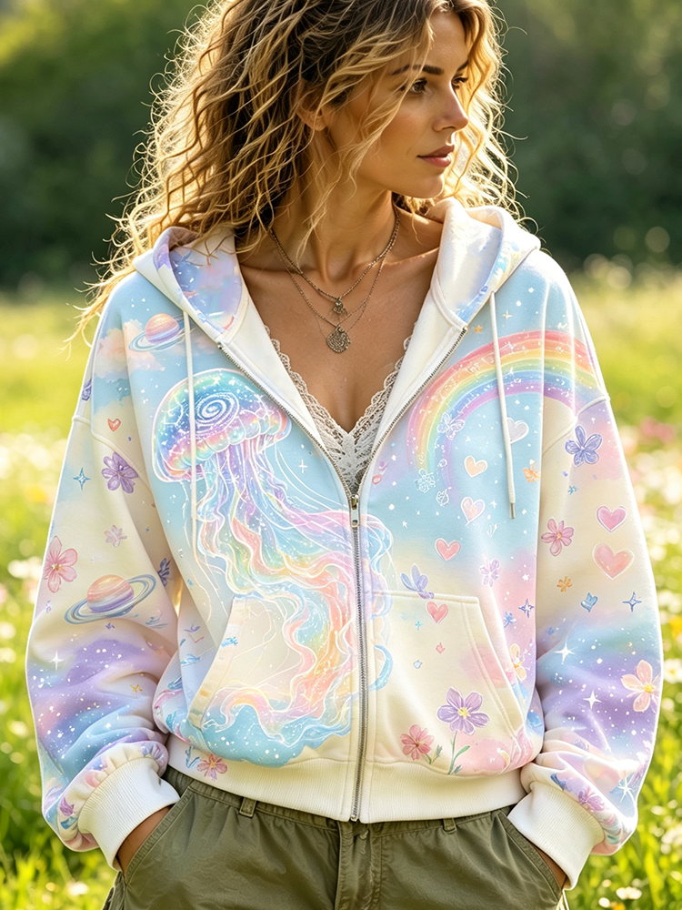 Cardydony Women's Full-zip Hooded Sweatshirt Featuring Cosmic Jellyfish, Rainbow, And Planet Graphic