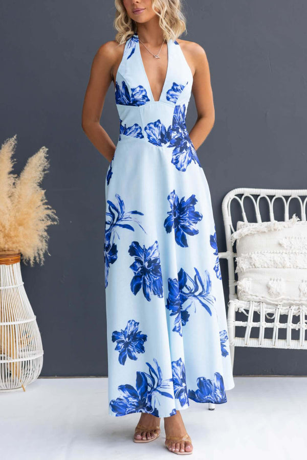 Cardydony Women's Floral Print V-neck Backless Tie-up Fitted Waist Elegant Maxi Dress