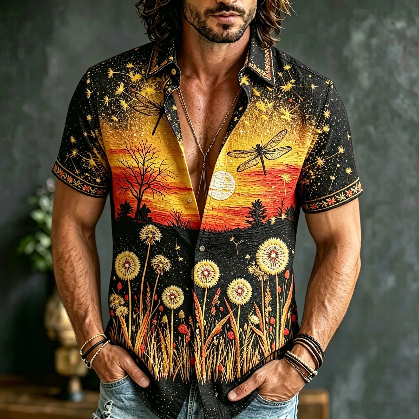 Cardydony Men's Retro Bohemian Hippie Style Floral And Dragonfly Embroidered Print Short-sleeve Shirt