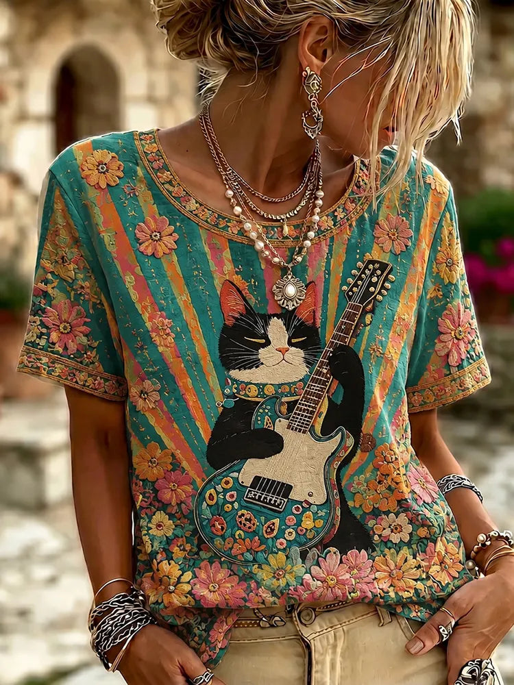 Cardydony Women's Retro Hippie Guitar Cat Print Crew Neck T-shirt